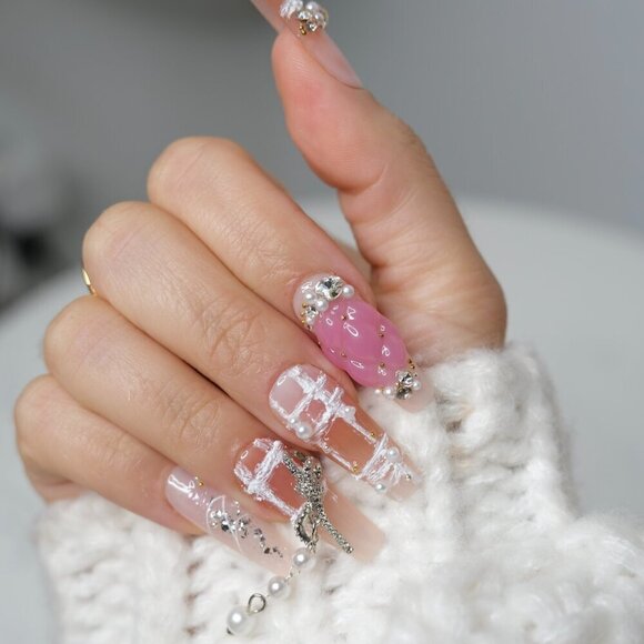 tipsy | Handmade Press On Nails | Long Coffin| 3D Nail | Crochet | Beary Pearly - Picture 8 of 16